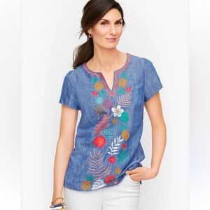 TALBOTS L Split Neck Vibrant Floral Embroidered Linen Blend Blouse Top HTF